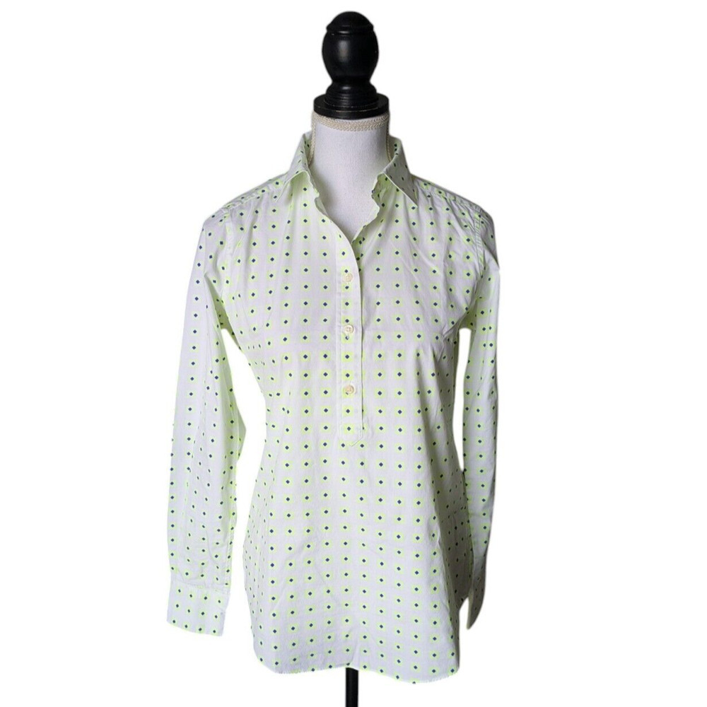 Ann Mashburn White Neon Yellow Geometric Print Cotton Popover Top Size XS Collar